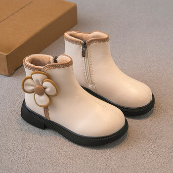 迪士尼女童靴子冬季新款儿童马丁靴女孩公主鞋二棉加绒洋气皮靴 米色