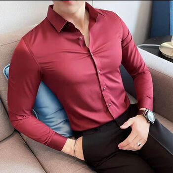 斌可春秋男士衬衫潮牌商务休闲衬衣秋季滑料免烫气质纯色正装酒红色