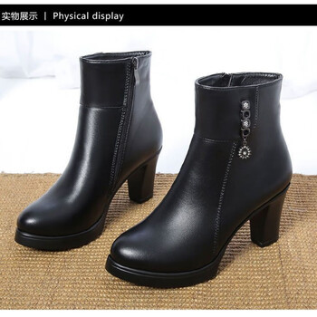 七屿鹿秋冬短靴女2020新款皮靴中高跟加绒保暖棉鞋百搭粗跟防滑中年棉