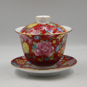 hywlkj景德镇古玩厂货瓷器粉彩万花盖碗中号三才盖碗老库存粉彩万花