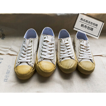 日本冈山ulzzang阿美咔叽帆布鞋久留米硫化鞋男情侣鞋复古休闲鞋 米