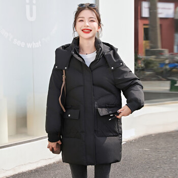 羽绒棉衣女中长款可卸帽棉袄外套女加厚显瘦洋气保暖棉服黑色m80105斤