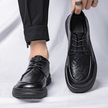 意大利男士脚宽皮鞋英伦德比鞋正装商务内增高黑真皮西装大头低帮黑色