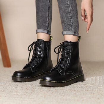 至闺蜜官方马丁靴女升级款真皮侧拉链系带平底短靴女厚底sn2525 黑色