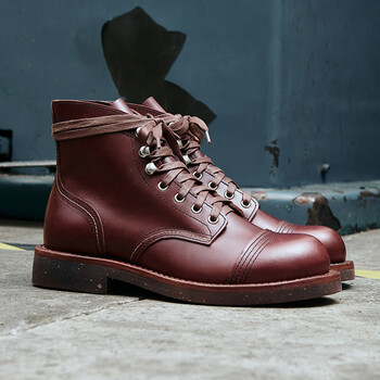 玩累了的孩子大逃亡小牛皮固特异手工中筒系带马靴男短皮靴子a12红棕