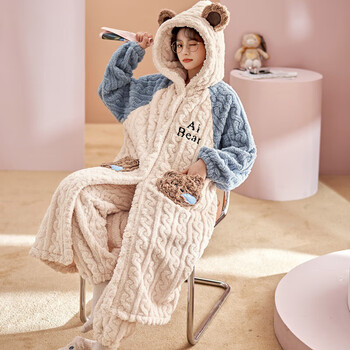 逋曼珊瑚绒睡衣女秋冬季加绒加厚法兰绒睡袍冬天款连体睡裙家居服套装