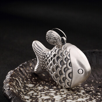 s999足银复古八吉祥鲤鱼吊坠纯银仿古男女款毛衣链挂坠项链 单吊坠