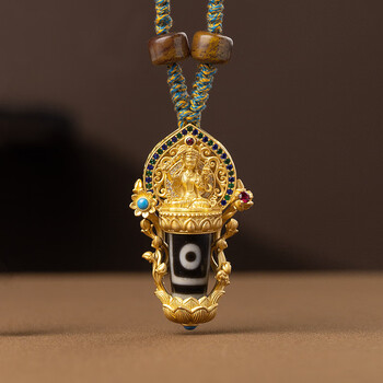 昂朗anglang高端红肉九眼天珠吊坠西藏饰品六字真言转运珠文殊男女款