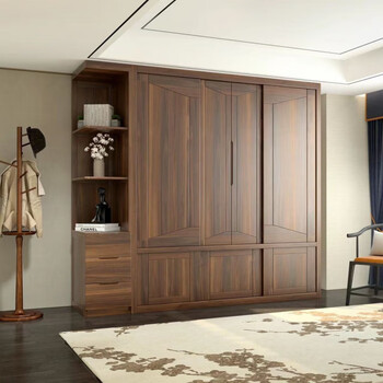 卓米客新中式全实木推拉门大衣柜家用卧室乌金木简易四六门衣柜储物