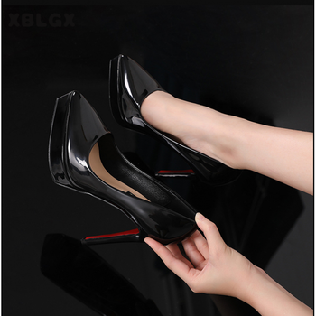 春季单鞋12cm高跟尖头黑色绒面女鞋细跟性感潮鞋职业鞋lxh 黑色漆皮