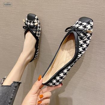 同甫船鞋女奶奶鞋女平底单鞋春秋韩版方头蝴蝶结千鸟格浅口平跟豆豆鞋