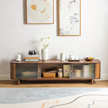 竹杰实木推拉门电视柜简约现代客厅置物柜玻璃小户型地柜移门储物柜竹