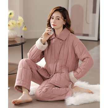爱慕烟雨三层夹棉加厚款睡衣女秋冬季加绒加厚棉袄超保暖可外出洋气