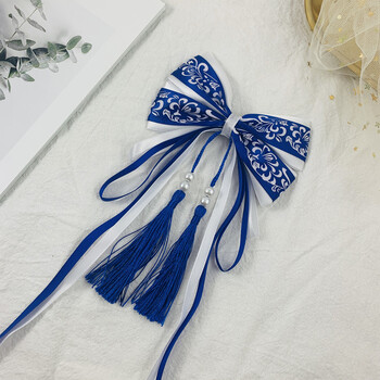 古风大蝴蝶结流苏飘带发饰汉服配饰发夹女儿童公主古装头饰 交叉藏青