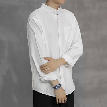 介迈薄款亚麻立领衬衫男士长袖潮流加肥大码衫胖子宽松休闲百搭衬衣无