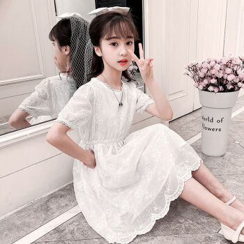 艾诺轮小女孩中大童春秋长袖秋款薄款洋气白纱裙4-12岁中小学生裙子