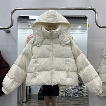 冬羽绒服女短款连帽加厚时尚面包服小个子90白鸭绒品米白色s90125斤