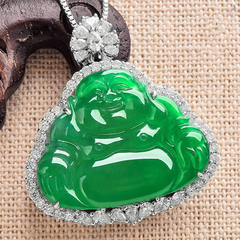 lomuee高档  玉佛镶嵌吊坠冰种翡翠满绿佛公冰透玉佛吊坠笑佛玉坠项链