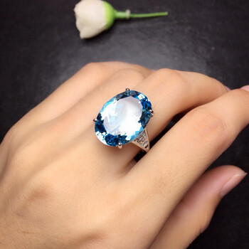 炫熙超大颗粒16克拉天然天空蓝托帕石戒指女日韩时尚镶嵌支持检测天然