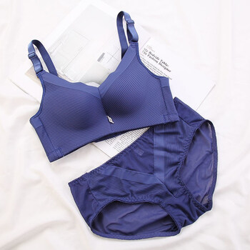 抖音同款波亚婷女神款无钢圈文胸舒适聚拢调整型内衣007蓝色套装3270