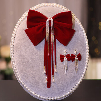 clcey在逃公主敬酒服头饰新娘2023新款酒红色丝绒大蝴蝶结高级订婚