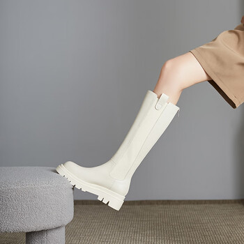 鞋匠小明烟管靴厚底bv靴不过膝高筒靴长靴女靴子抖音同款 米白色加绒