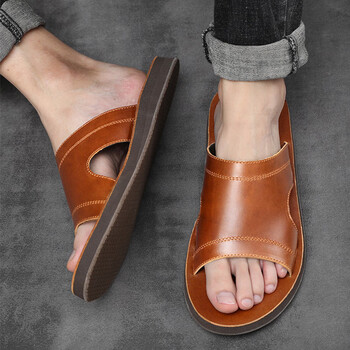 足力健手工头层全牛皮拖鞋男士夏季外穿真皮凉拖老人软底防滑一字拖