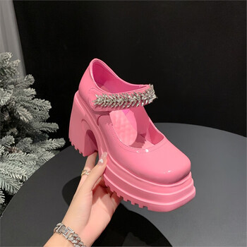 酌钗轻奢坡跟玛丽珍鞋女圆头一字扣单鞋秋季新款粗跟小个子超高跟皮鞋