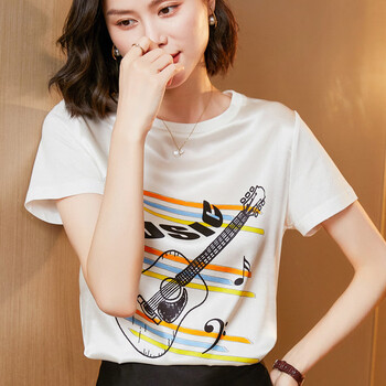 真丝短袖女t恤2020夏季新款休闲时尚印花宽松半袖缎面桑蚕丝上衣白色