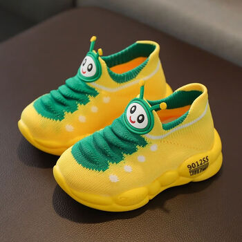钟阿四儿童运动鞋男童毛毛虫网鞋新款男宝宝软底学步袜子鞋黄色28码