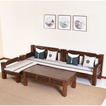 老榆木沙发老榆木实木沙发组合新中式雕花榆木现代中式整装客厅家具咖