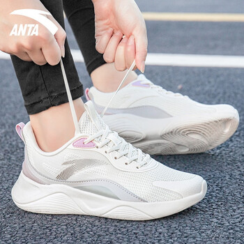 安踏女鞋运动鞋女跑步鞋子2023春季新款休闲鞋女透气网鞋旅游鞋女 浅