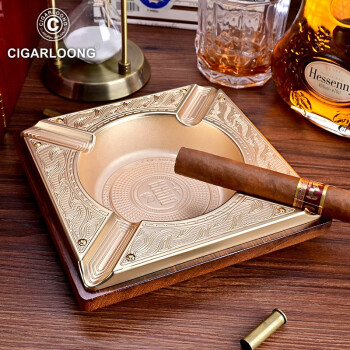 茄龙（CIGARLOONG）雪茄烟灰缸印加实木+合金属雪茄烟槽便携式客厅专用灭烟器烟缸摆件 金色