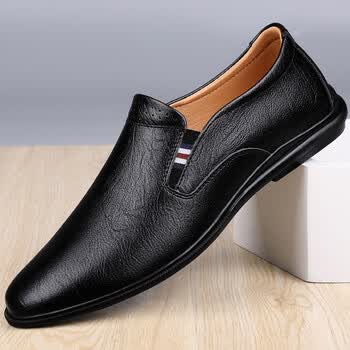 康奈真皮牛皮休闲皮鞋软皮软底一脚蹬豆豆鞋百搭套脚男鞋 黑色 38