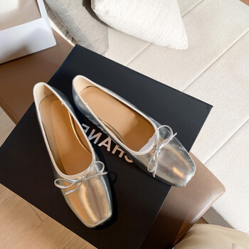 mospoke银色蝴蝶结平底鞋女春夏新款复古方头软皮小红鞋浅口单鞋女鞋