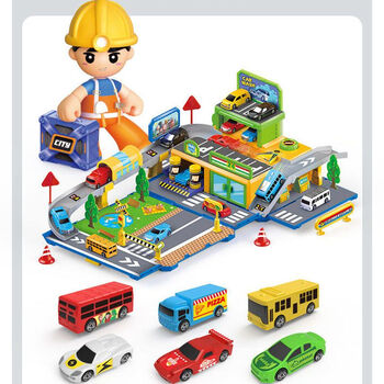 创育停车场汽车小镇拼装弹射轨道场景滑行玩具便利店儿童玩具4到6岁