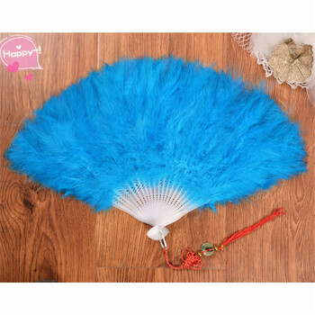 儿童广场舞蹈旗袍表演羽毛扇子全羽毛绒中国风古风折扇 湖蓝色