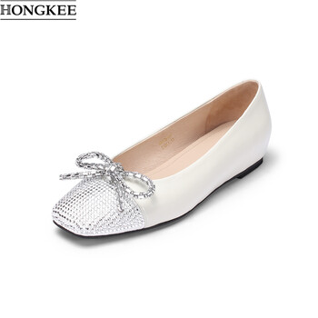 hongkee红科单鞋女羊皮水钻蝴蝶平底内增高浅口女鞋hb52s101香草白35