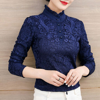 秋冬季半高领雷蕾丝加厚保暖内搭女士打底衫立领衫加绒洋气厚小衫网纱