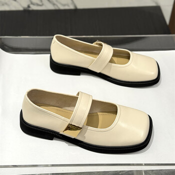 皮鞋女玛丽珍平底学生英伦方头鞋新款春森系百搭日系学院风单鞋米色35