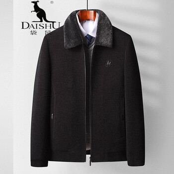 袋鼠中年爸爸秋冬装中老年男士羊绒夹克翻领男装加厚爷