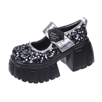 狮王足欧洲站内增高女鞋8公分高跟单鞋厚底亮片玛丽珍鞋女生配裙子