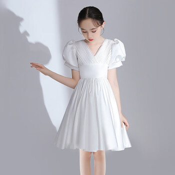 晚礼服裙中学生钢琴比赛演出服少女主持服装走秀公主裙白色短裙130cm