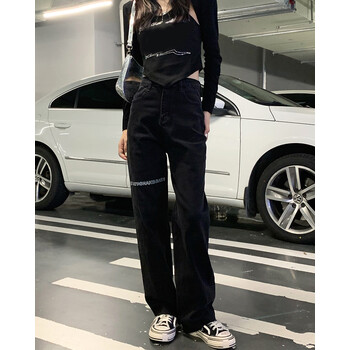 萨姆依 酷女孩穿搭黑色牛仔裤女2021年春秋新款韩版设计感高腰显瘦