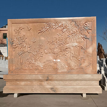 石雕影壁墙晚霞红屏风别墅庭院背景石大理石浮雕壁画影背中式照壁