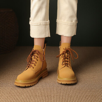 轩诗鸟奢侈品牌【轻奢潮鞋】 女靴马丁靴女秋冬季新款复古高帮大黄靴