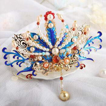 手工发簪红楼梦珍珠蓝正凤冠头饰古典风汉服中式景泰蓝发饰正凤冠1个