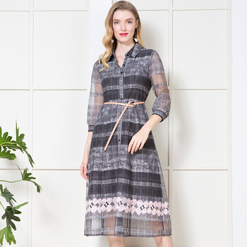 唐朱迪女装2022春季新品花色翻领中长款气质七分袖复古风连衣裙灰花83