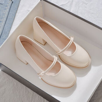 snhn小码女鞋新款小码女皮鞋品牌高跟玛丽珍鞋粗跟春夏米白色版35