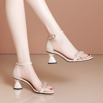 dkpe凉鞋女粗跟2023年夏季新款一字带酒红色漆皮女士皮鞋高跟女鞋米